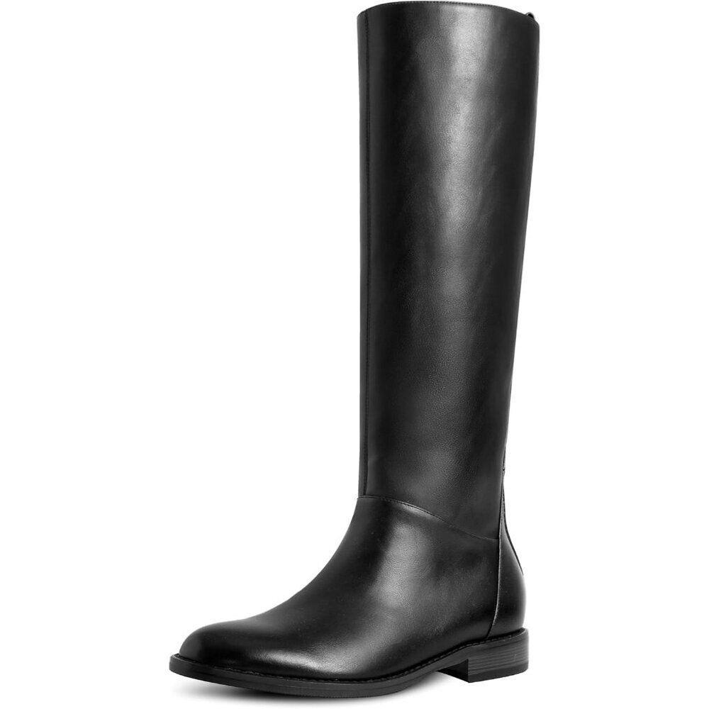 Women's Black Flat Round Toe Low Heel Comfortable Side Zipper Knee High Boots